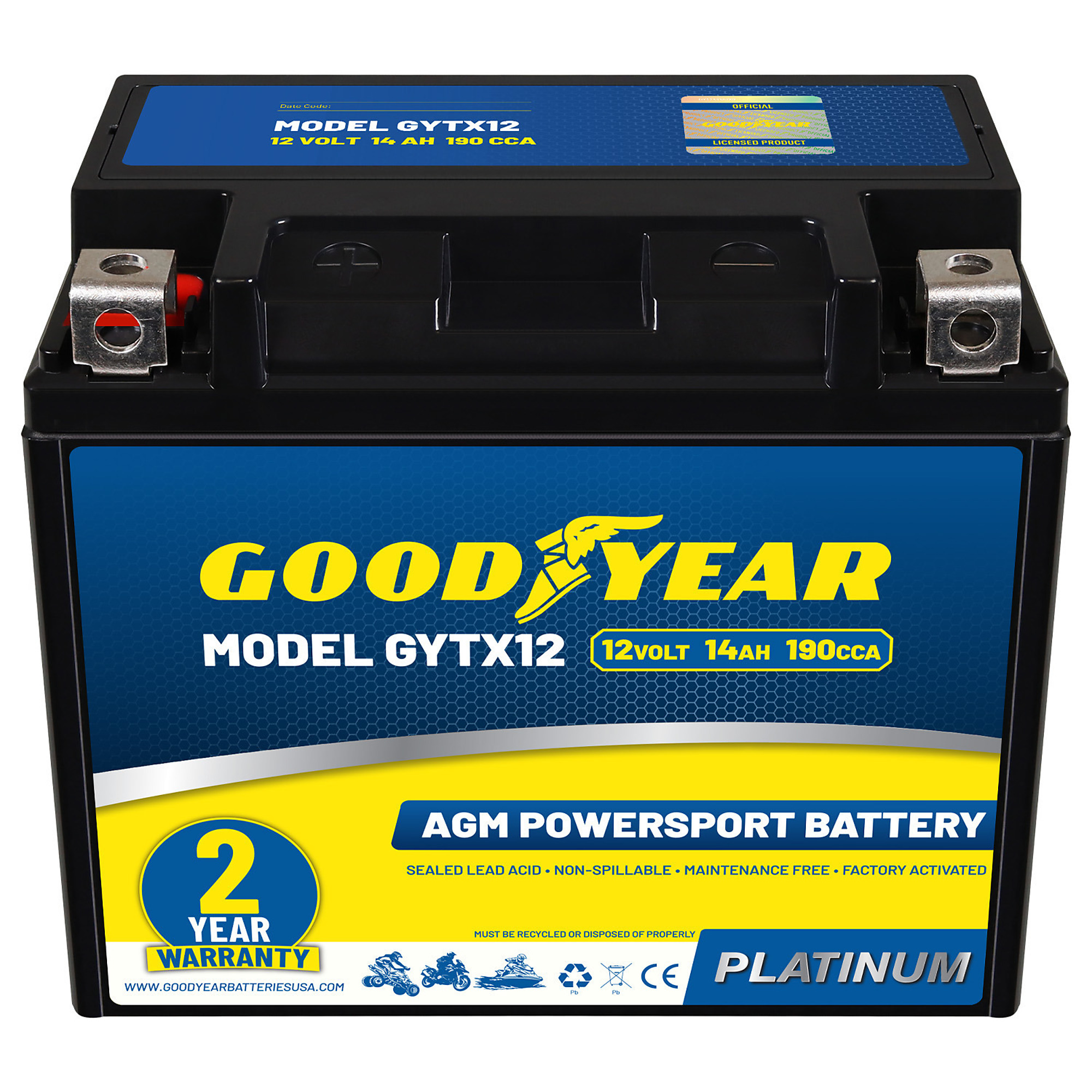 Goodyear High-Performance Maintenance-Free SLA AGM Battery — 12V, 14Ah, 190 CCA, Model# GY4140760